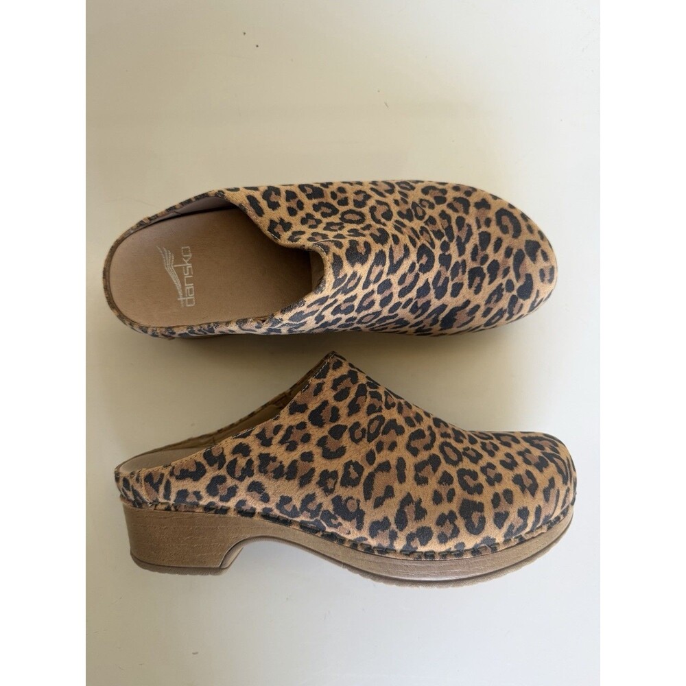 Dansko Brenda Leopard Mules Clogs Size 38 Suede Comfort Slip On US 7.5-8